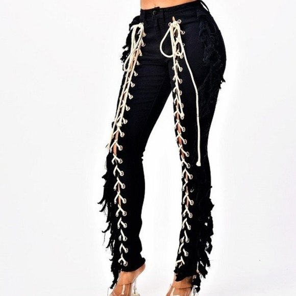 Loverly Fit Black With Cream Lace up And Primitive Fringe Style Pant Siz… - Picture 1 of 6